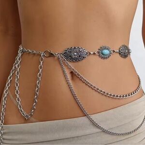 Silver turquoise Western Concho Chain Waist Belt - Women Accessories